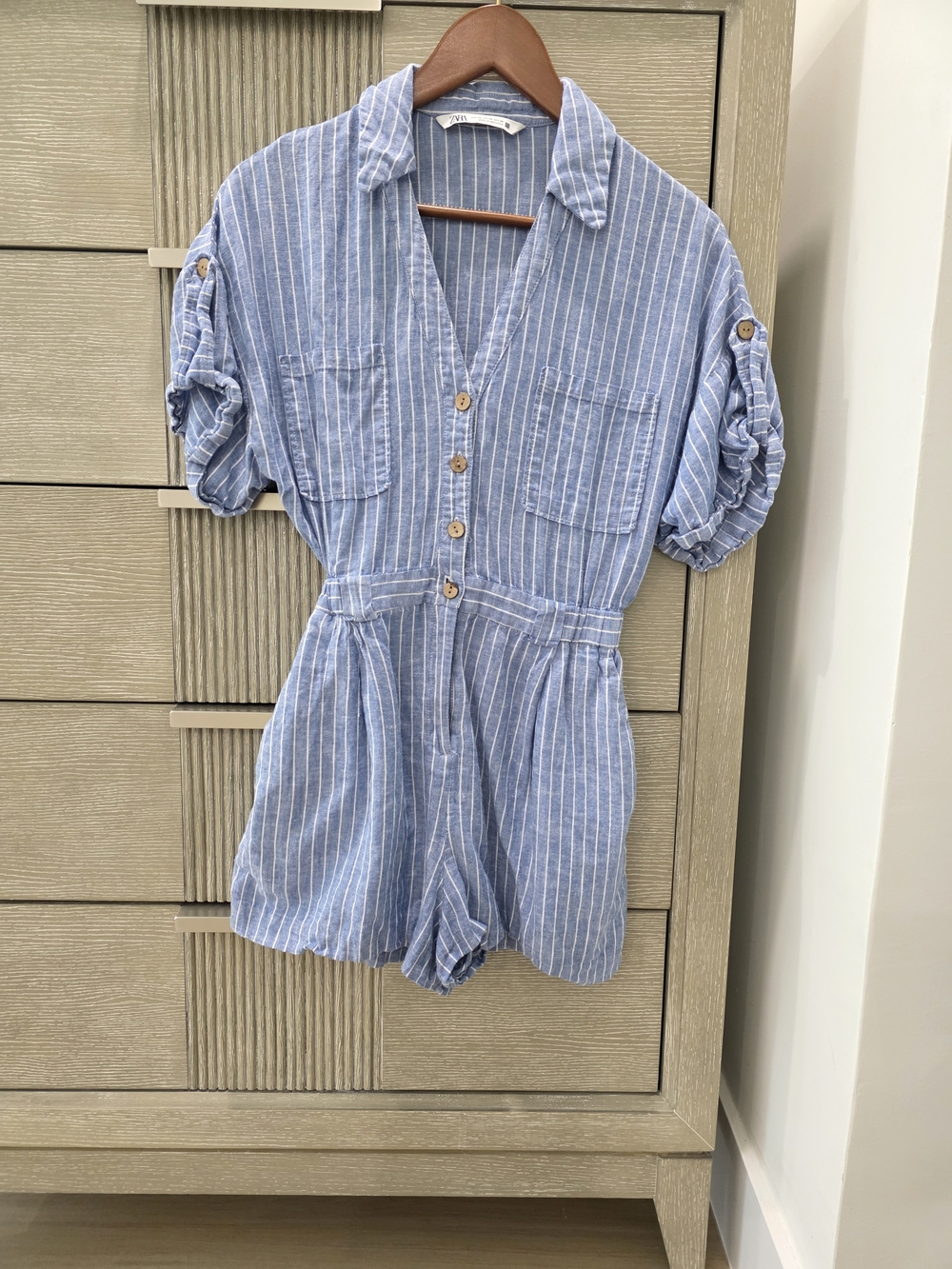 Zara Blue & White Striped Linen Blend Romper | XS